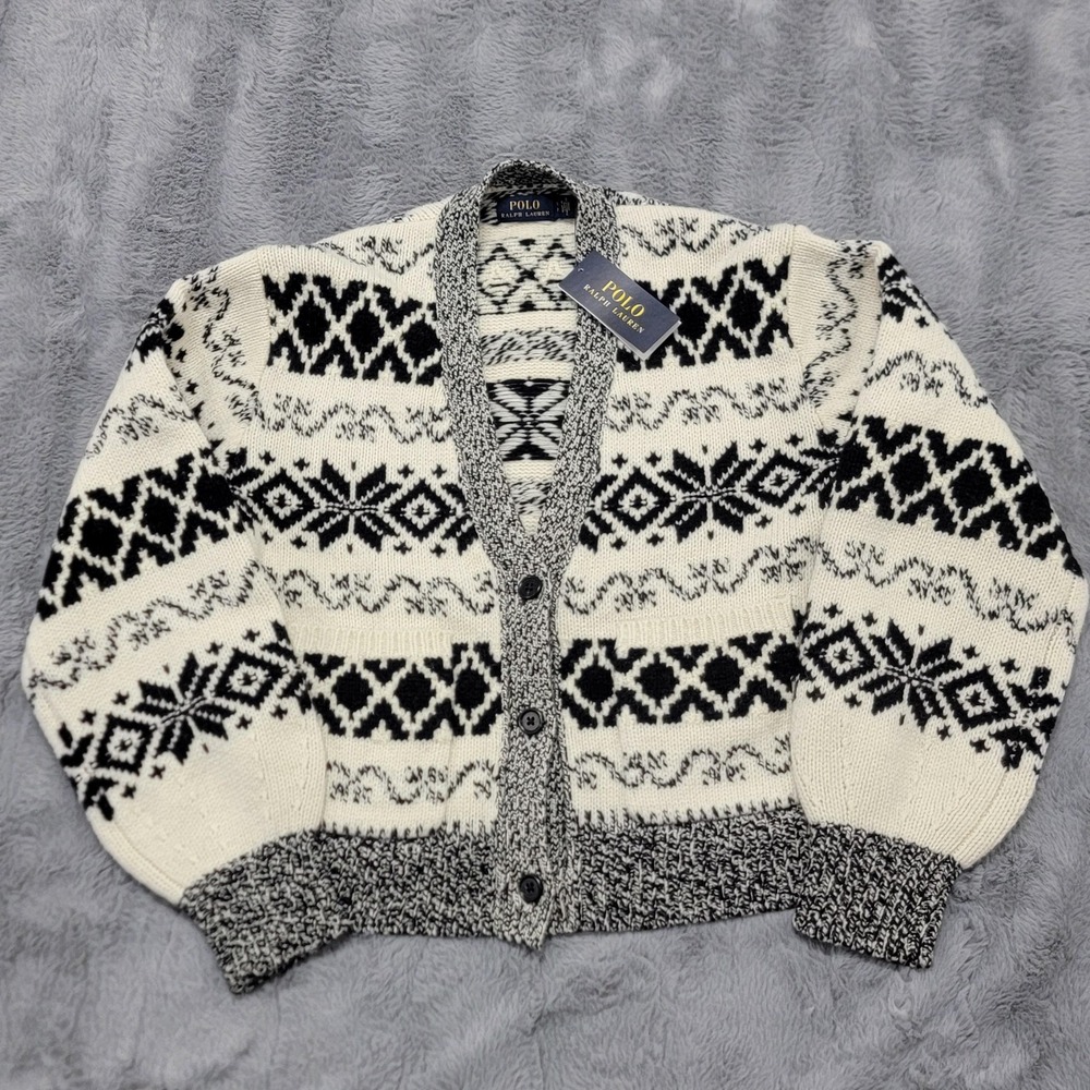 Polo Ralph Lauren Sweater Womens Small White Fair Isle Wool Chunky Knit Cardigan